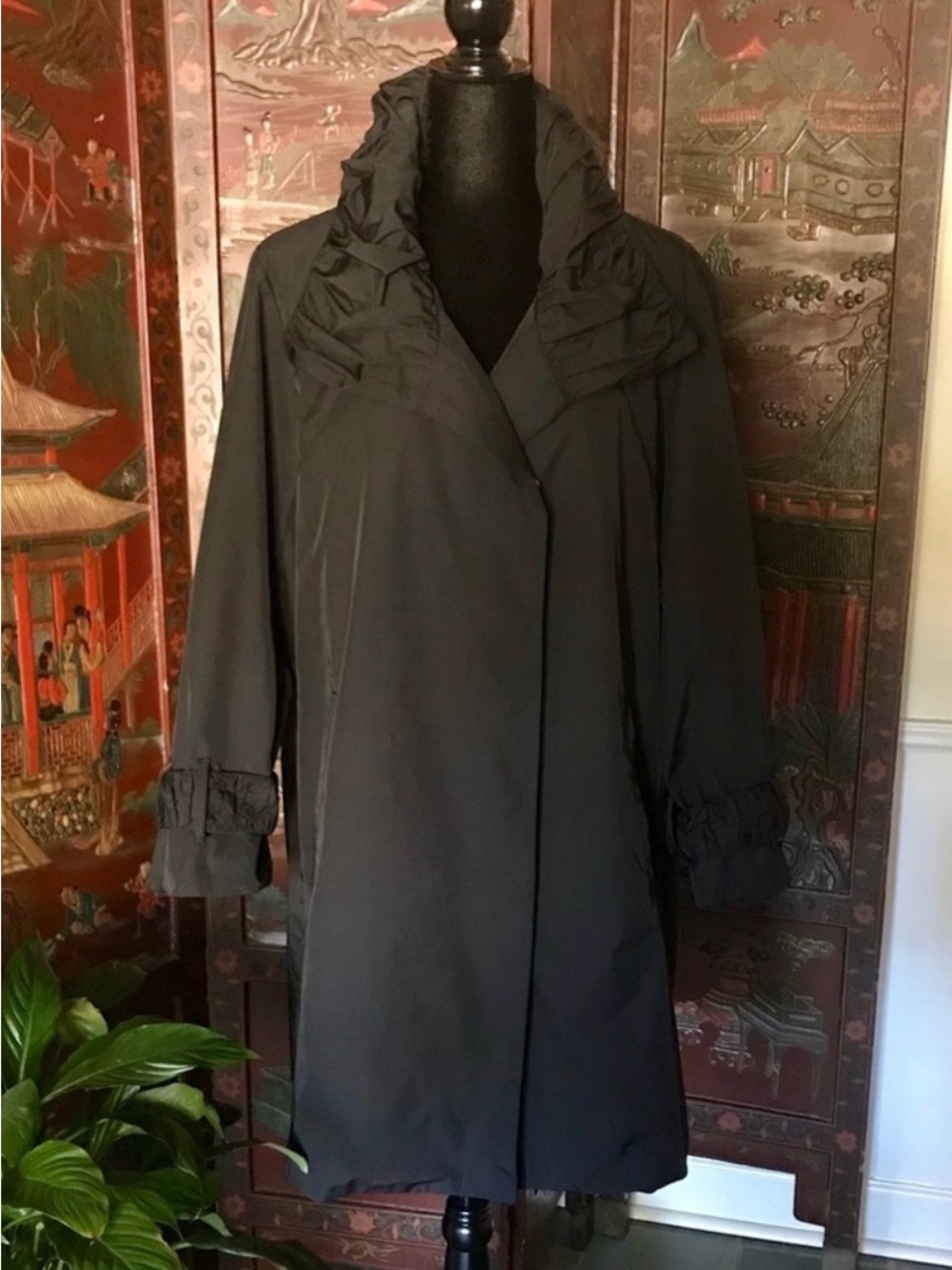 Women's Black Ruffled Collar Trench Coat, Sz. M